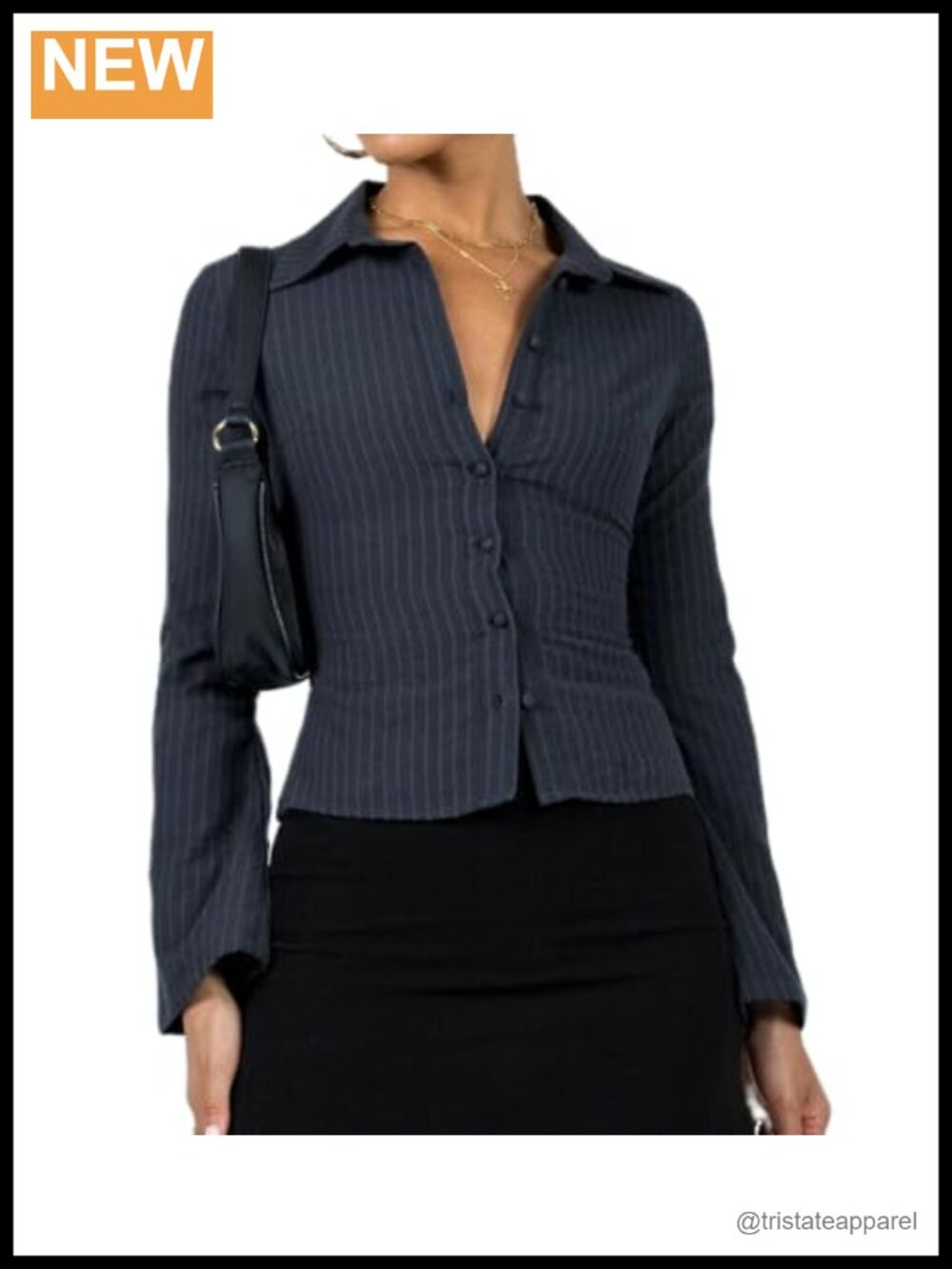 Y2K Fitted Button Down Shirt Striped Long Sleeve Coquette V Neck Preppy Blouse